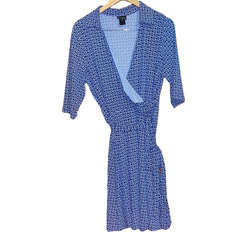 •EN FOCUS STUDIOS•NWOT BLUE/WHITE SQUARE CHECKERED 3/4 SLEEVE MIDI DRESS SIZE 14